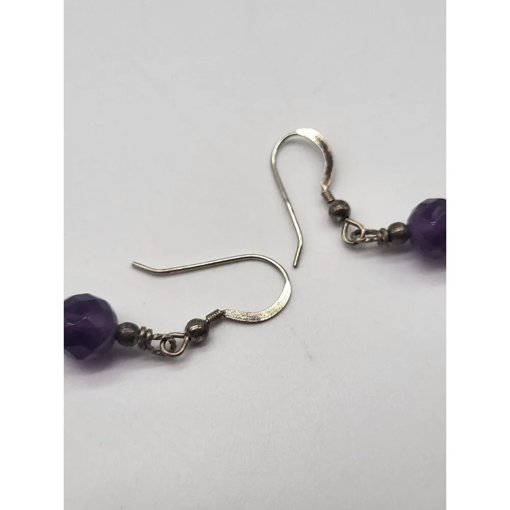 VTG 925 Sterling Silver and Amethyst Faceted Bead Dangle Drop Earrings